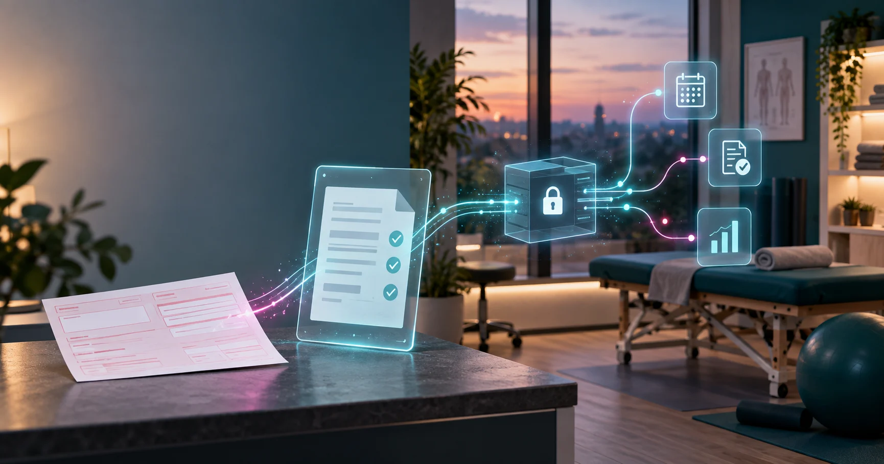 Menschenfreie Therapiepraxis mit digital dargestelltem Ablauf einer elektronischen Heilmittelverordnung