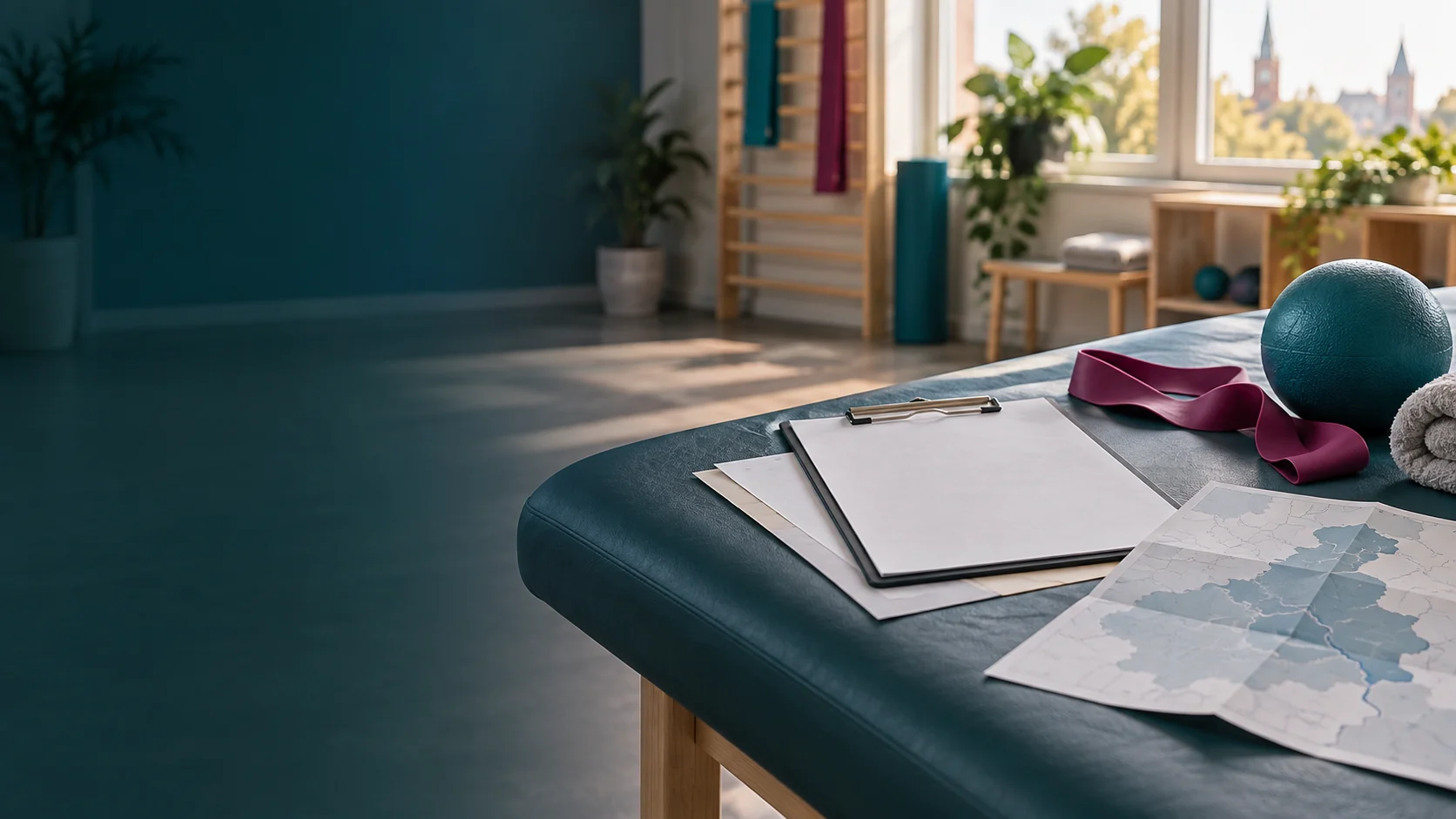Ruhiger Therapieraum mit Unterlagen, Übungsmaterial und abstrakter Karte