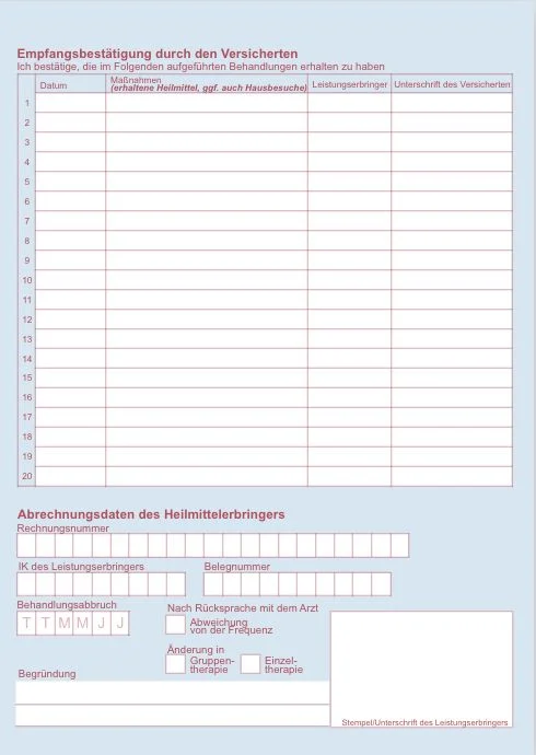 Lernansicht der Rückseite einer leeren Muster-13-Verordnung: oben Termine, Maßnahmen, Behandler und Unterschriften; unten Rechnungsnummer, IK und Belegnummer.