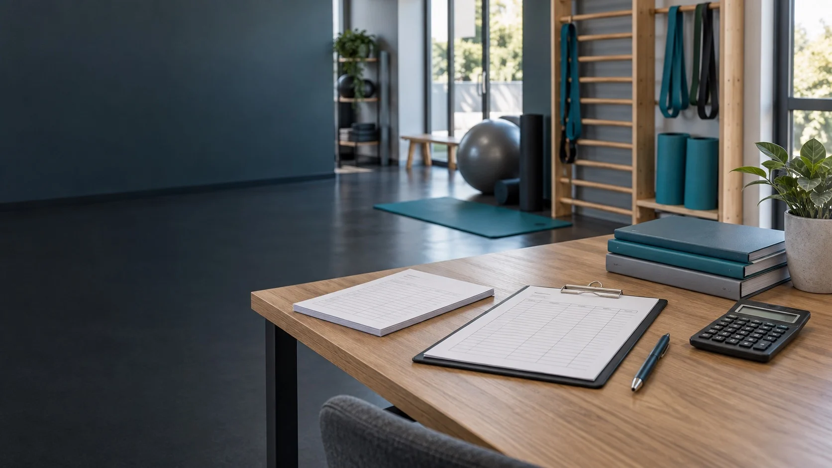 Abrechnungsunterlagen und Trainingsmaterial für Rehasport auf einem Tisch