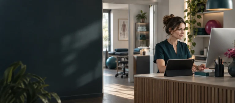 KI-generierte Szene zur digitalen Arbeit am Empfang einer Therapiepraxis