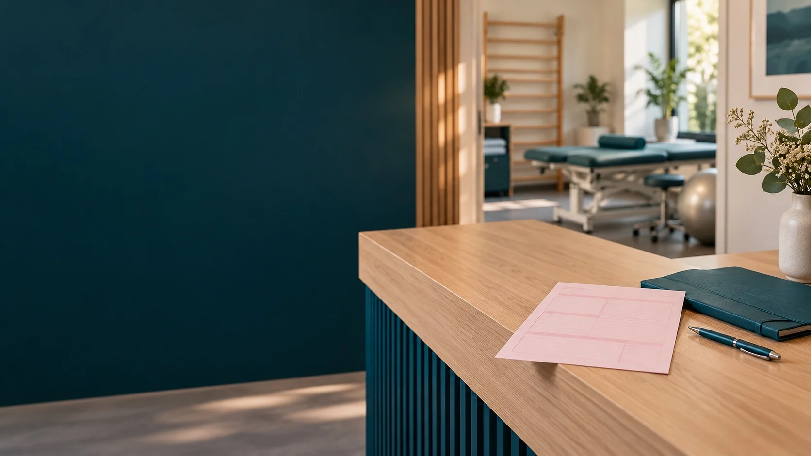 Leeres Verordnungsformular auf dem Empfangstresen einer Physiotherapiepraxis