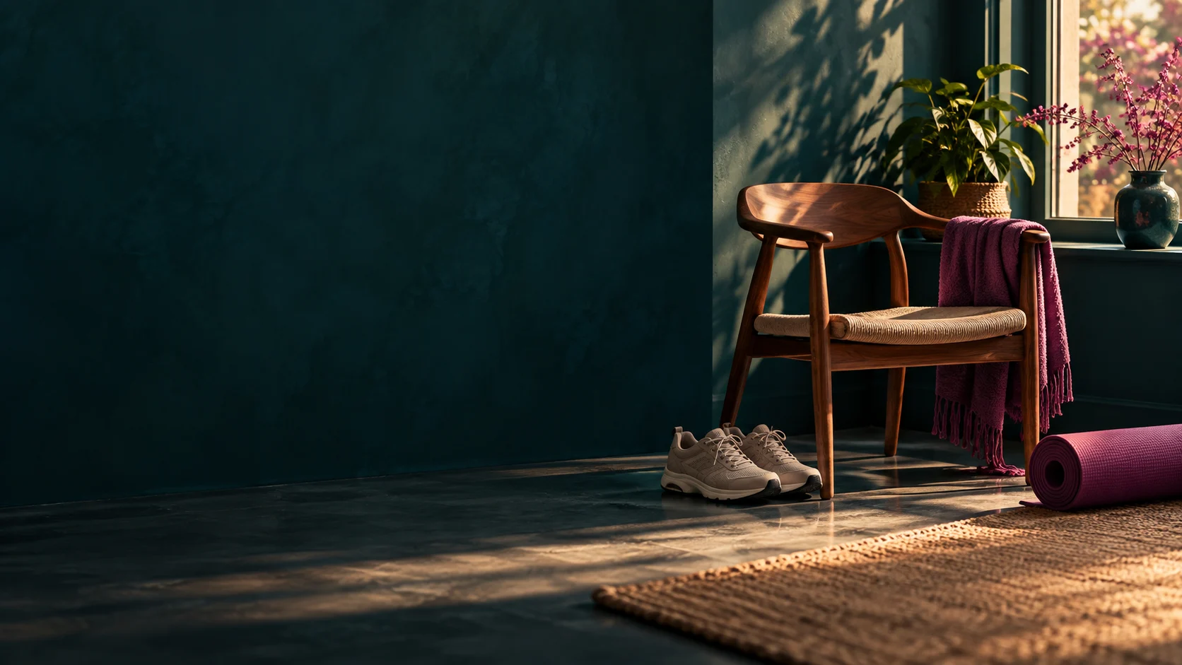 Leerer Stuhl mit Laufschuhen und Übungsmatte in einem Therapieraum