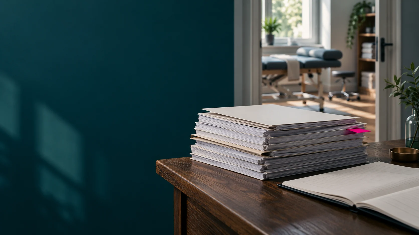 Papierstapel auf einem Schreibtisch mit Blick in einen leeren Therapieraum