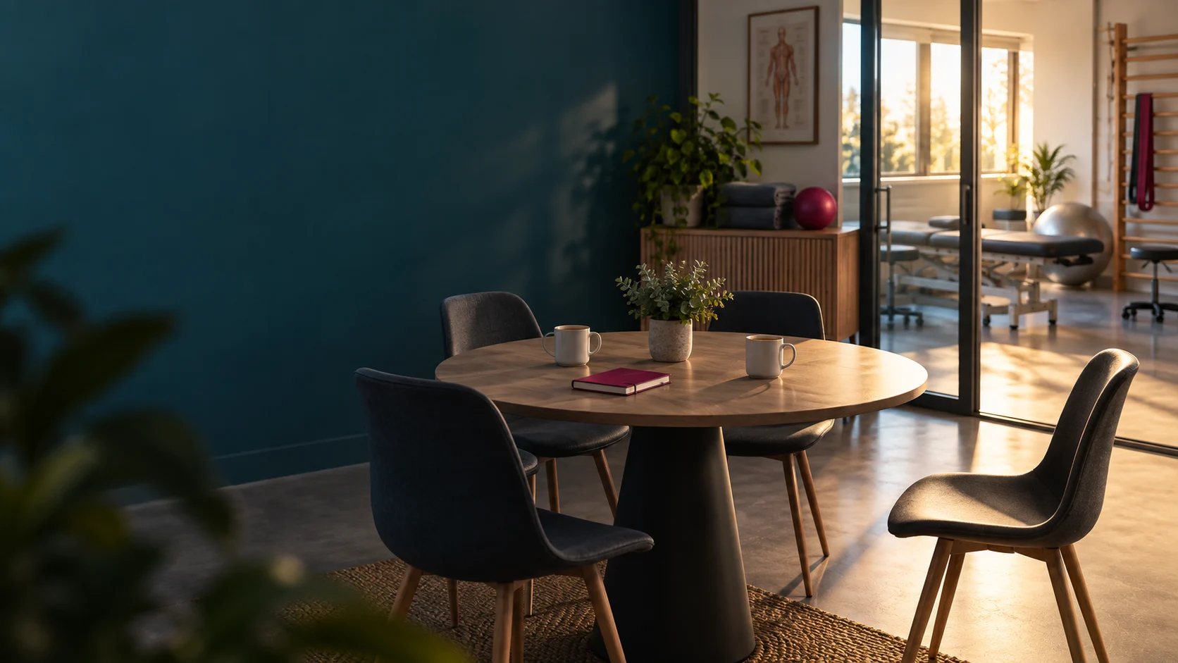 Leeres Teamzimmer in einer Therapiepraxis mit freien Stühlen und Blick in den Behandlungsraum