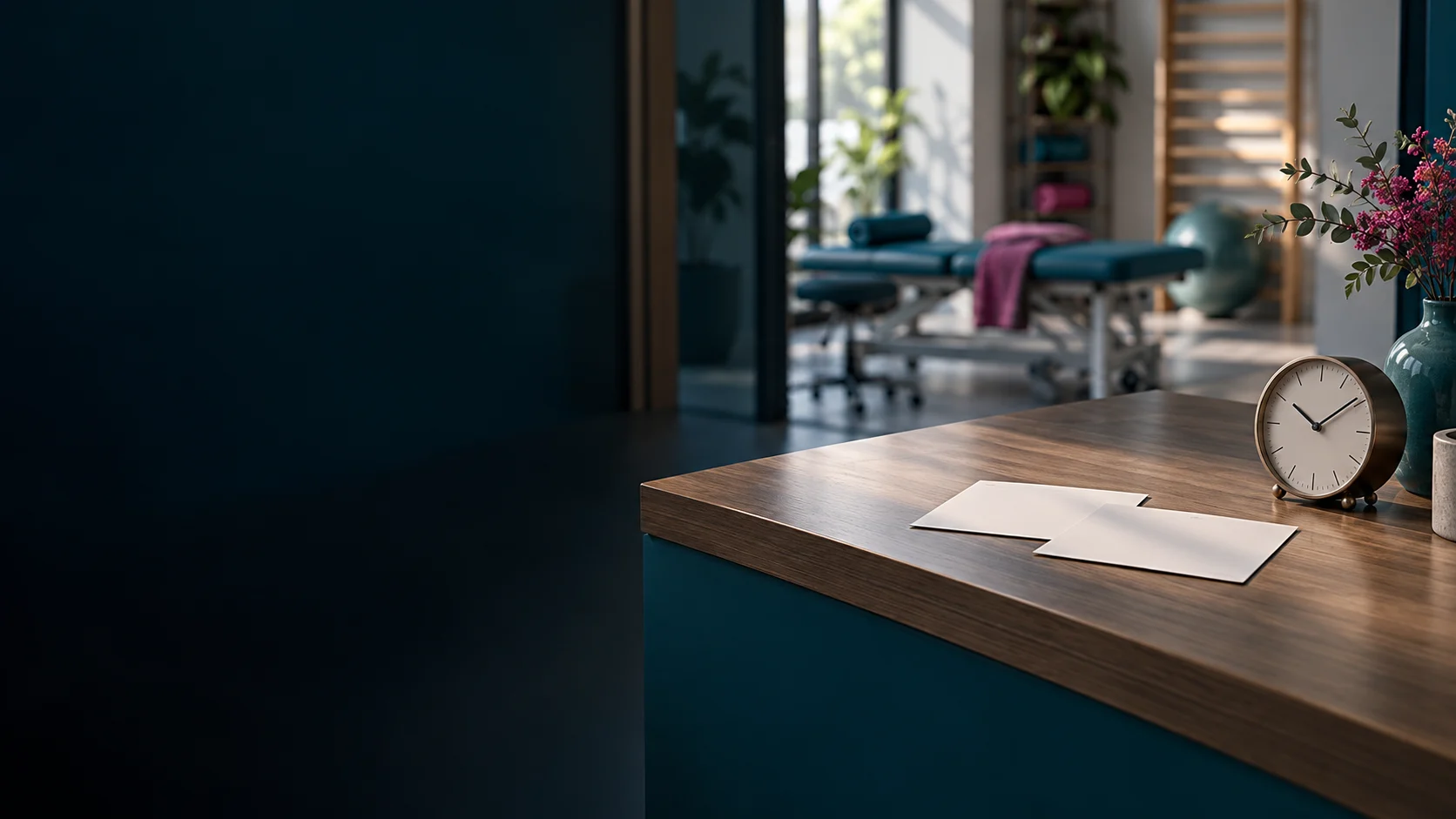Leerer Empfangstresen mit Terminblättern und Uhr in einer Therapiepraxis