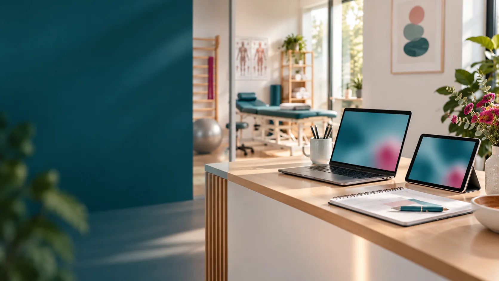 Arbeitsplatz in einer Therapiepraxis mit Laptop, Tablet und Planungsunterlagen