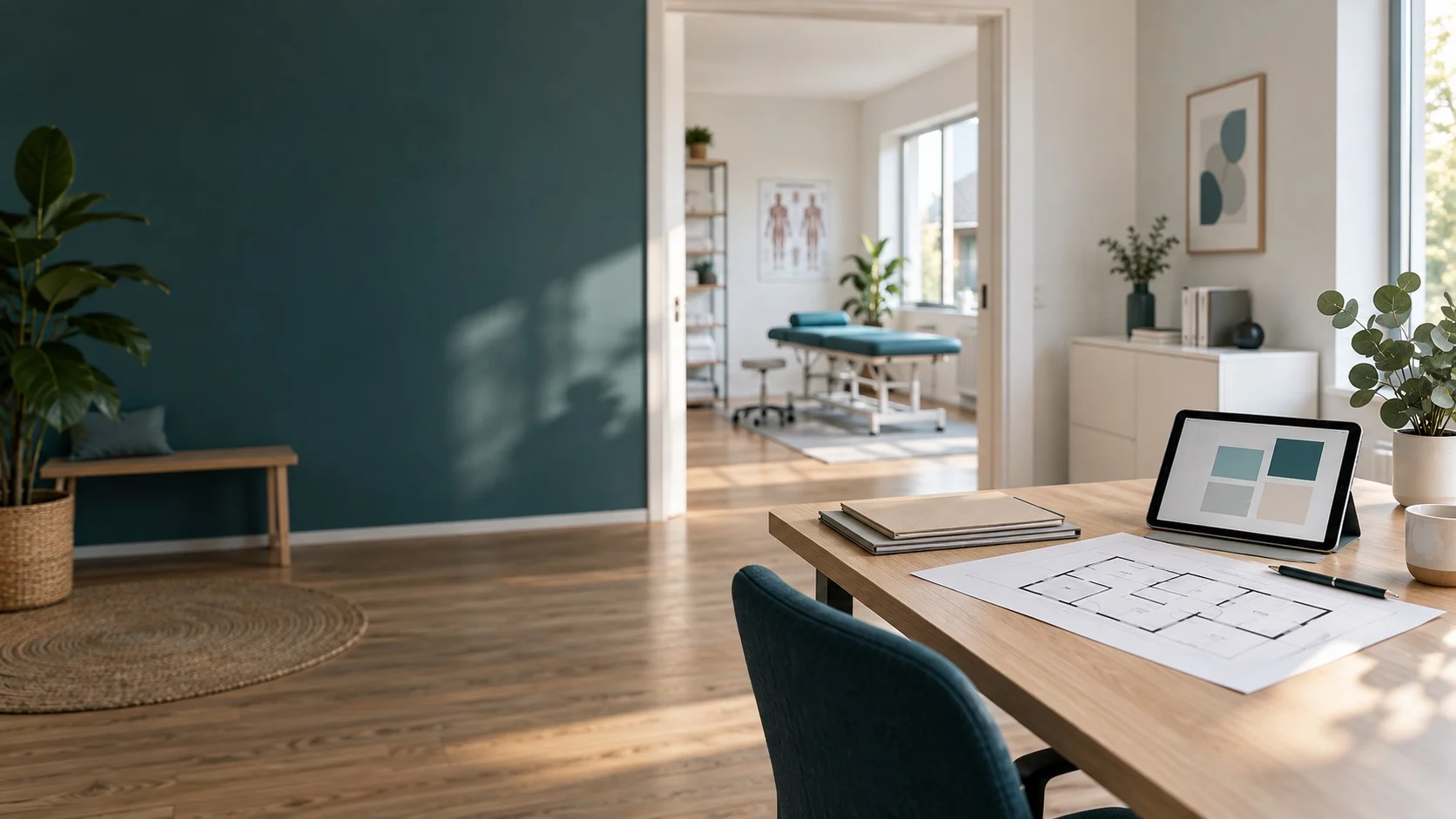 Helle Therapiepraxis mit Blick in einen zweiten Behandlungsraum und Planungstisch