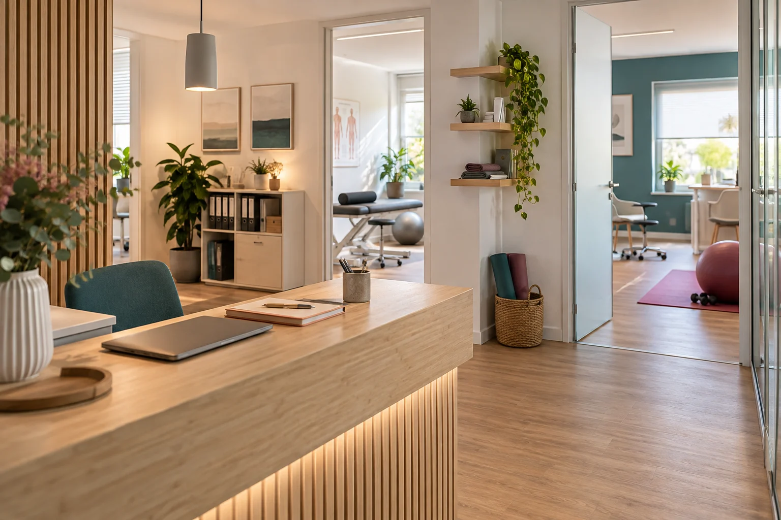 Moderne Therapiepraxis mit mehreren Behandlungs- und Arbeitsbereichen