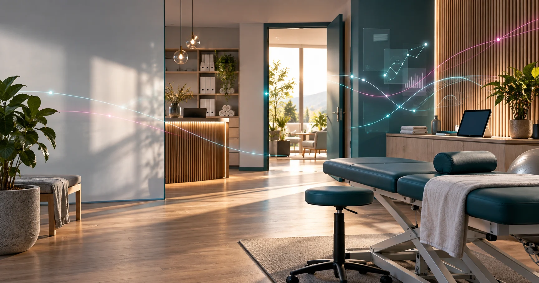Menschenfreie moderne Therapiepraxis mit dezenten digitalen Verbindungslinien als Ausblick auf Therapie 2030
