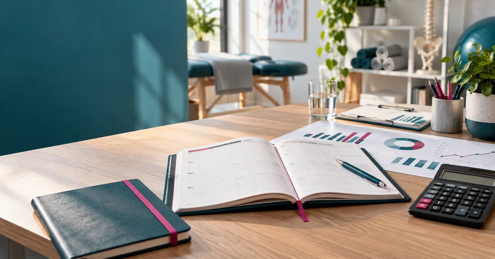 Planungstisch in einer Therapiepraxis mit Kalender, Kostenübersicht und Rechner für die Vergütungsplanung 2027