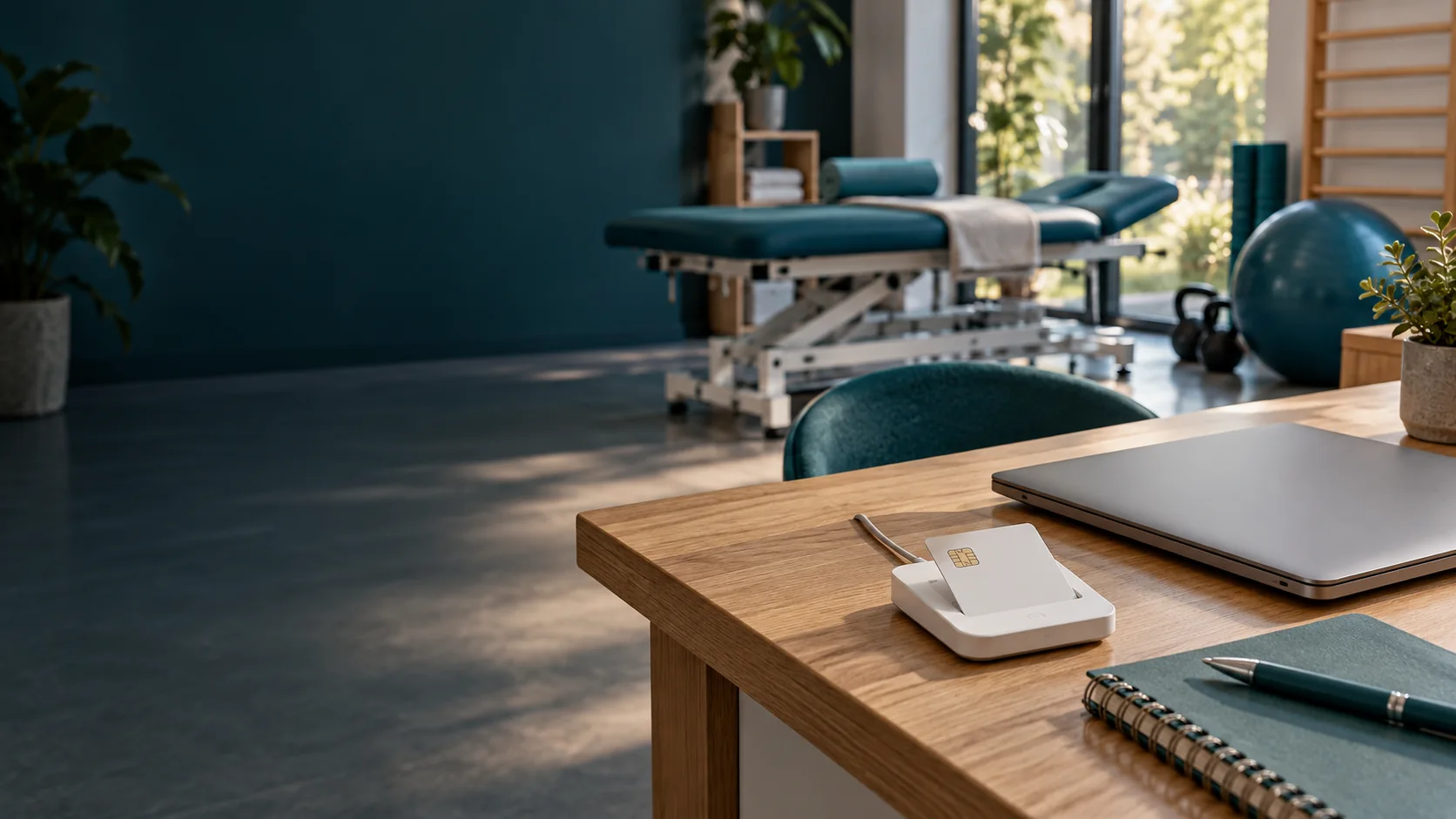 TI Hub Hero 2026-10-02 Kartenterminal und Laptop auf dem Schreibtisch einer Therapiepraxis