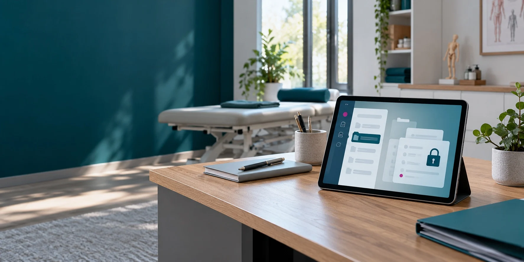 HENARA Wissen: ePA Tablet mit abstrahierter geschützter Patientenakte in einem Therapieraum